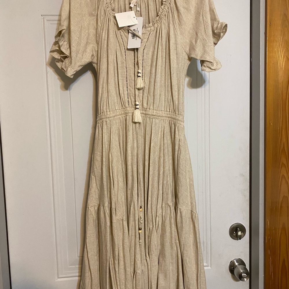 Tan Pleated Tiered Midi Sundress